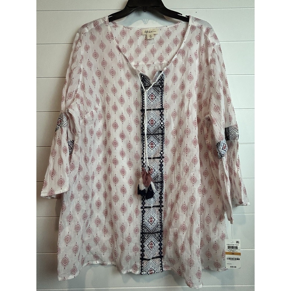 Style & Co Top Sz Womens 3X White Pink Blue Embroidered Bell Sleeve Boho NWT